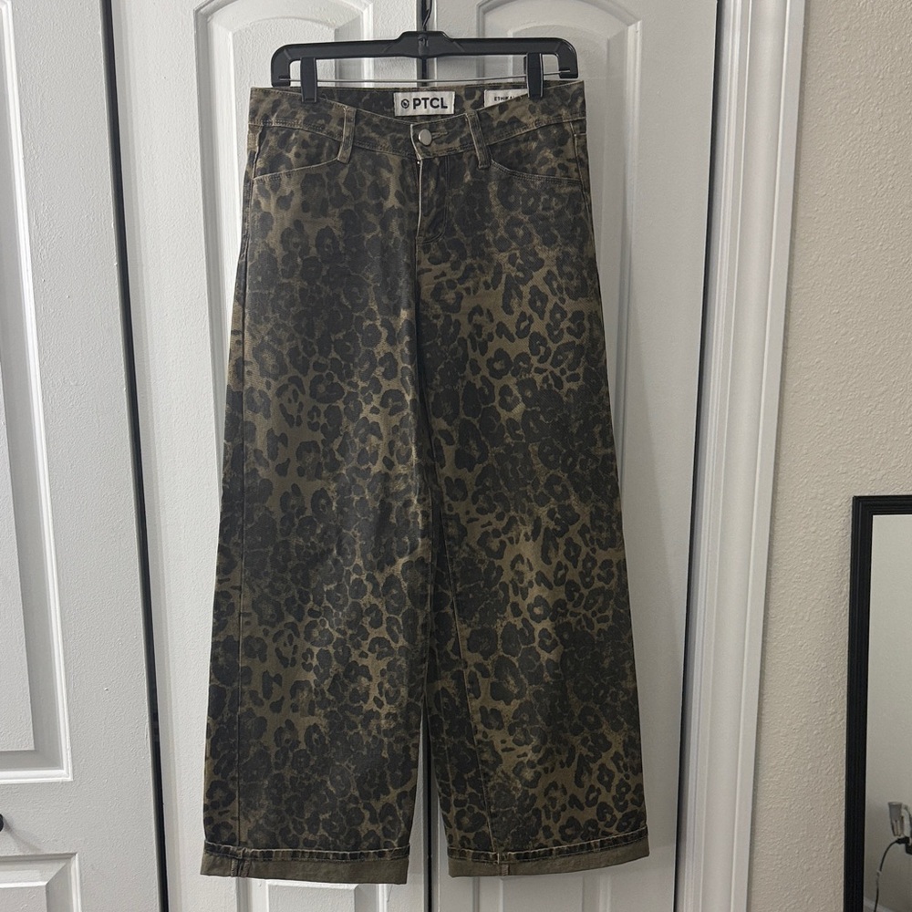 PTCL Leopard-Print Wide Leg Jeans in Olive & Black